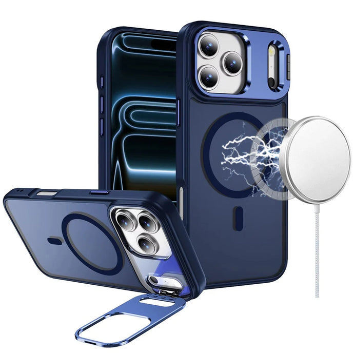 For iPhone 17 Pro Fearless Tough HQ Metallic Hybrid with Camera Ring Stand [Magnetic Circle] Case - Navy Blue