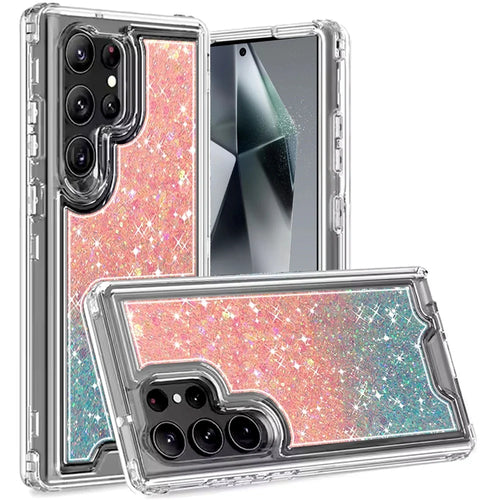 For Samsung s25 Ultra Epoxy Sticker Glitter 3in1 Shockproof Transparent Hybrid Case - Pink + Light Blue