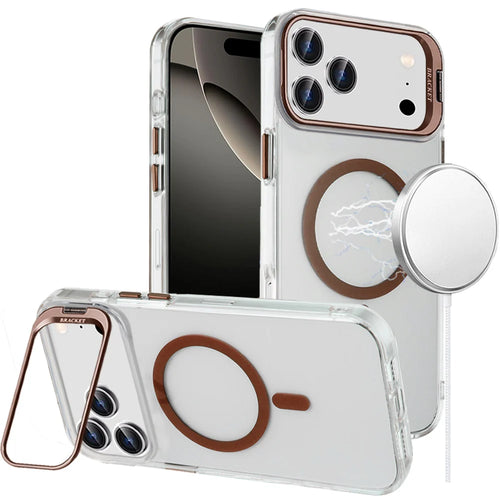 For iPhone 17 Pro Max Transparent HQ Hybrid with Metallic Camera Stand Magnetic Ring Case - Desert Gold