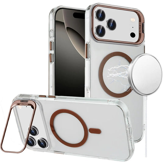 For iPhone 17 Pro Max Transparent HQ Hybrid with Metallic Camera Stand Magnetic Ring Case - Desert Gold