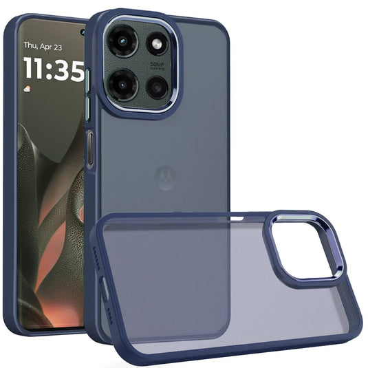 For Motorola Edge 2025 Polished Oil Thick Acrylic Metal Button Hybrid Case Cover - Dark Blue