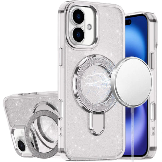For iPhone 17 Transparent Glitter Rotaional Magnetic Ring Stand HQ Hybrid - Clear
