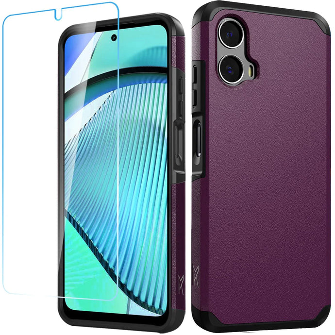 For Motorola Moto G Power 5g 2024 Tough Strong Hybrid Case Cover + Tempered Glass - Dark Purple