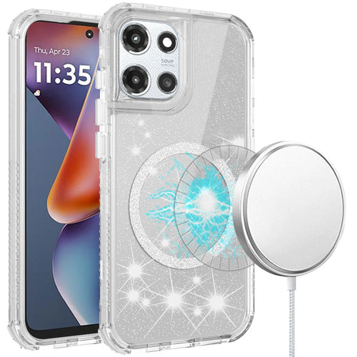 For Motorola Moto G 5G 2025 Magnetic Ring Glitter 3in1 Hybrid Case Cover - Clear