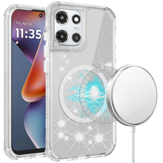 For Motorola Moto G 5G 2025 Magnetic Ring Glitter 3in1 Hybrid Case Cover - Clear