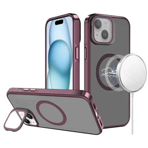For iPhone 15 Frame Aluminium Camera Stand Metallic Buttons [Magnetic Circle] Tough HQ Hybrid Case - Burgundy