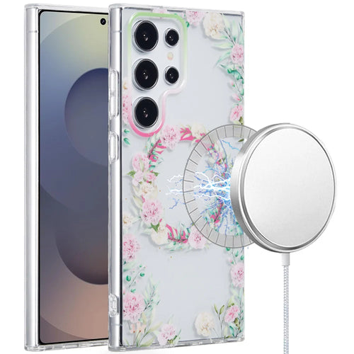 For Samsung s25 Ultra [Magnetic Circle] Double Layer Design IMD TPU Case - Green/Pink Floral