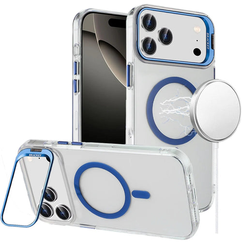 For iPhone 17 Pro Max Transparent HQ Hybrid with Metallic Camera Stand Magnetic Ring Case - Dark Blue