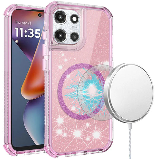 For Motorola Moto G 5G 2025 Magnetic Ring Glitter 3in1 Hybrid Case Cover - Pink