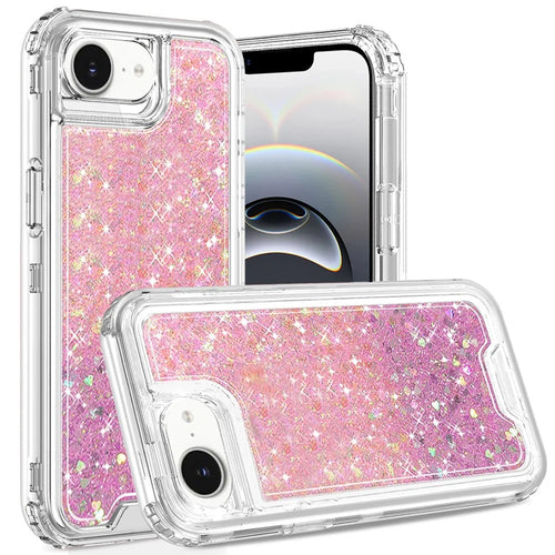 For iPhone 16E (E edition) / SE4 (2025) Epoxy Sticker Glitter 3in1 Shockproof Transparent Hybrid Case - Pink + Light Purple