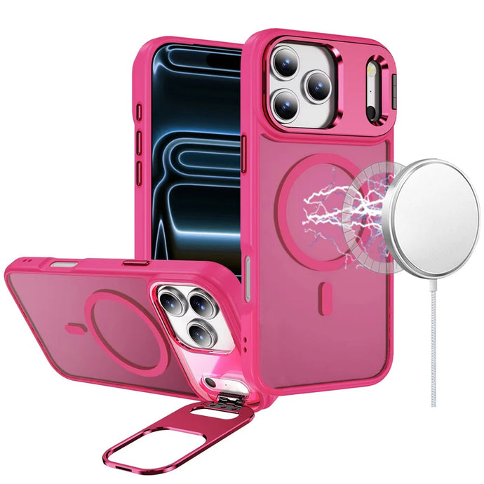 For iPhone 17 Pro Fearless Tough HQ Metallic Hybrid with Camera Ring Stand [Magnetic Circle] Case - Hot Pink