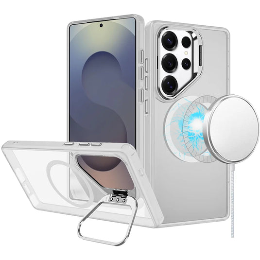 For Samsung s25 Ultra Fearless Tough HQ Metallic Hybrid with Camera Ring Stand [Magnetic Circle] Case - Clear