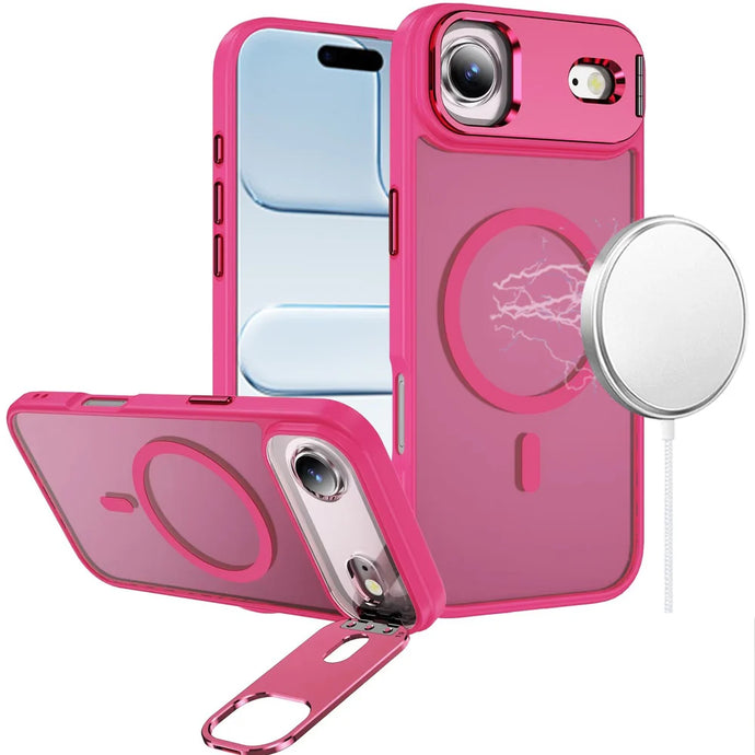 For iPhone 17 Air Fearless Tough HQ Metallic Hybrid with Camera Ring Stand [Magnetic Circle] Case - Hot Pink