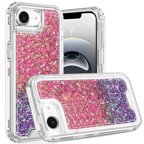 For iPhone 16E (E edition) / SE4 (2025) Epoxy Sticker Glitter 3in1 Shockproof Transparent Hybrid Case - Hot Pink + Purple