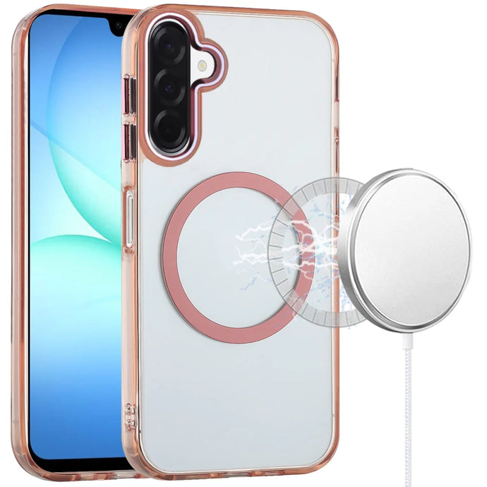 For Samsung A17 5G Magnetic Circle Ring Transparent Premium Acrylic with Metal Buttons & Camera Raised Lip - Rose Gold