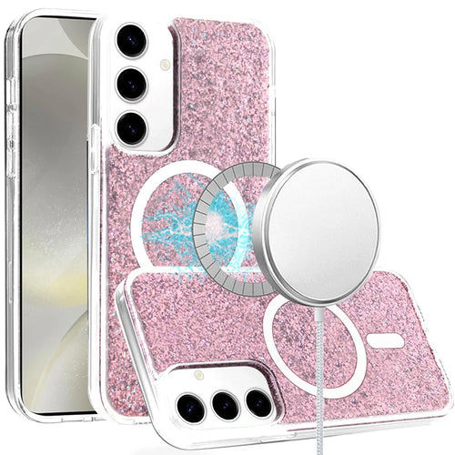 For Samsung s25 Plus/s24 Plus Epoxy Glitter [Magnetic Circle] ShockProof Hybrid 2.5mm Thick - Rose Gold
