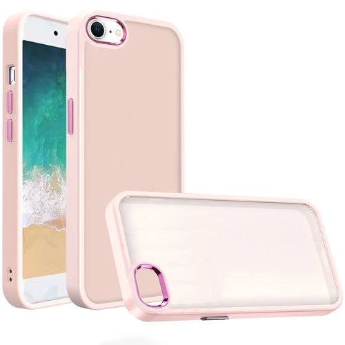 For iPhone SE4 Polished Oil Thick Acrylic Metal Button Hybrid Case Cover - Light Pink