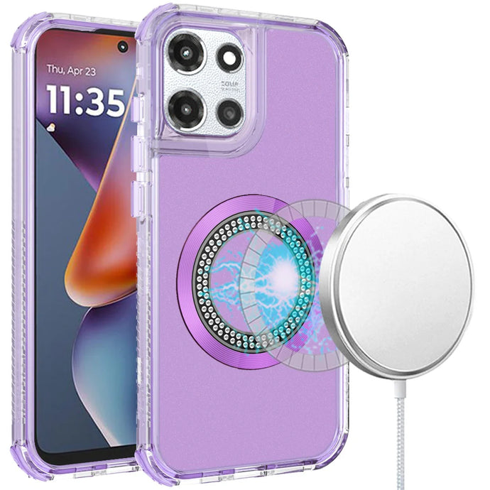 For Motorola Moto G 5G 2025 Magnetic Ring Circle Bling Chrome 3in1 Hybrid Case - Purple