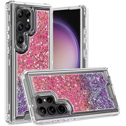 For Samsung S23 Ultra Epoxy Sticker Glitter 3in1 Shockproof Transparent Hybrid Case - Hot Pink + Purple