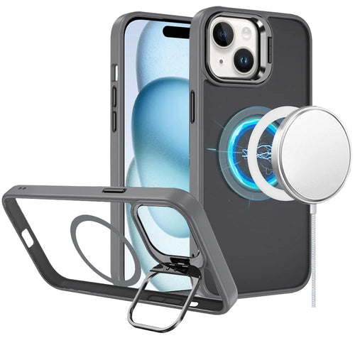 For iPhone 15 Fearless Tough HQ Metallic Hybrid with Camera Ring Stand [Magnetic Circle] Case - Gray