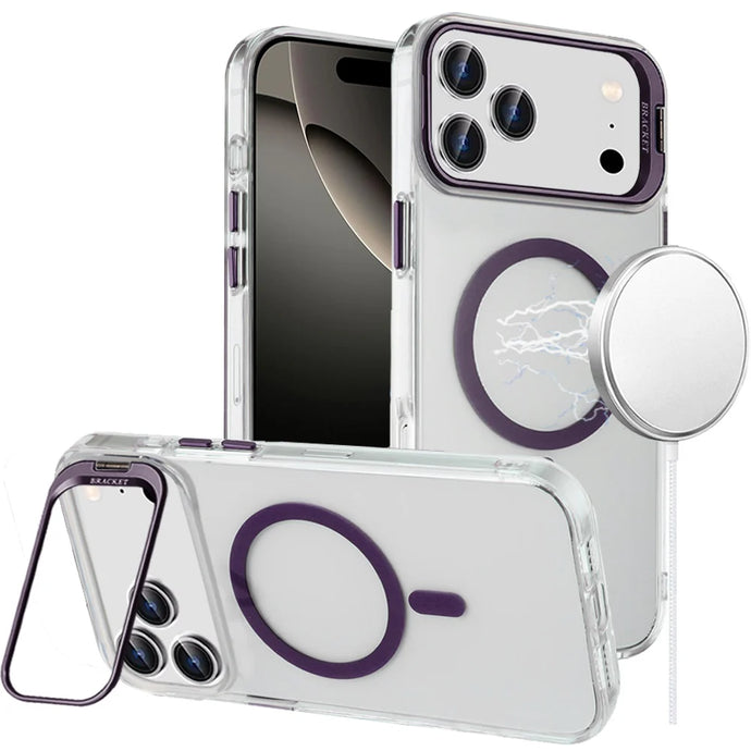 For iPhone 17 Pro Max Transparent HQ Hybrid with Metallic Camera Stand Magnetic Ring Case - Dark Purple