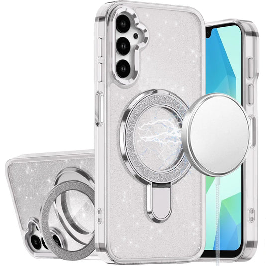 For Samsung A16 5G Transparent Glitter Rotaional Magnetic Ring Stand HQ Hybrid - Clear