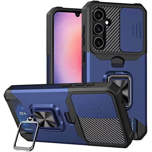 For Samsung Galaxy A26 Multi-Functional Card Magnetic Ring Stand Hybrid Camera Case Cover - Blue
