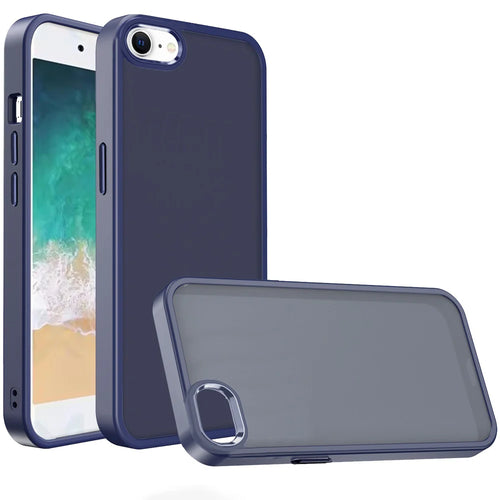 For iPhone SE4 Polished Oil Thick Acrylic Metal Button Hybrid Case Cover - Dark Blue