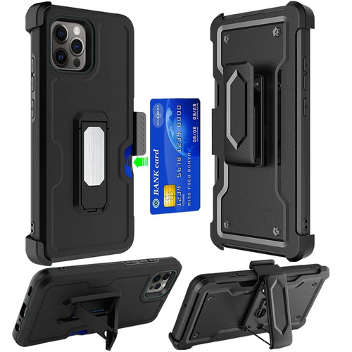 For iPhone 15 Pro Max / Ultra CARD Holster with Kickstand Clip Hybrid Case Cover - Black