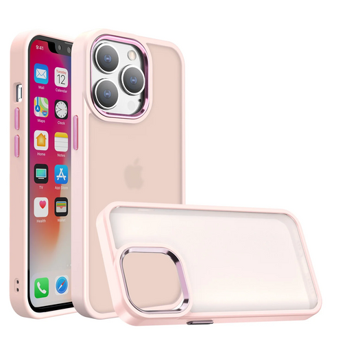 For iPhone 15 Pro Max / Ultra Polished Oil Thick Acrylic Metal Button Hybrid Case Cover - Light Pink