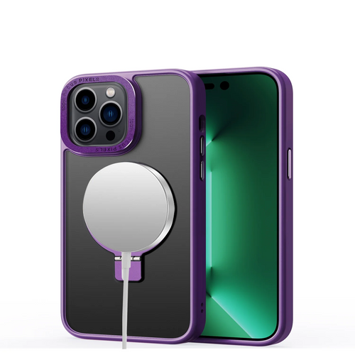 For iPhone 15 Metal Surrounded Ring Stand Hybrid Case Cover - Purple