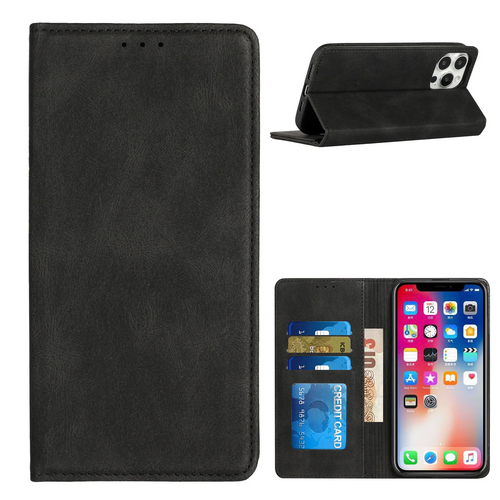 For iPhone 15 Pro Max Wallet Premium PU Vegan Leather ID Card Money Holder with Magnetic Closure - Black