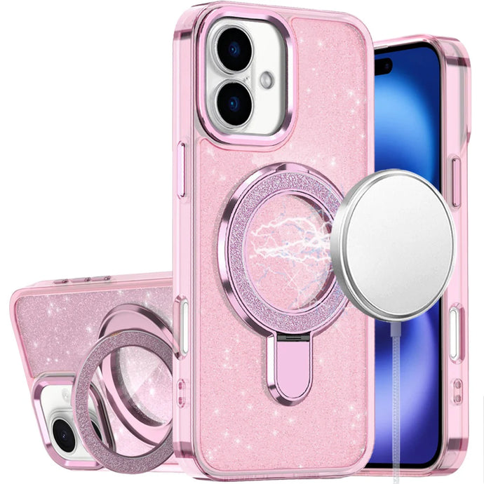 For iPhone 17 Transparent Glitter Rotaional Magnetic Ring Stand HQ Hybrid - Light Pink
