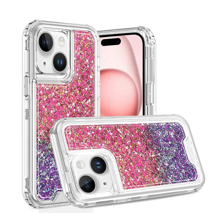 For iPhone 15 Epoxy Sticker Glitter 3in1 Shockproof Transparent Hybrid Case - Hot Pink + Purple