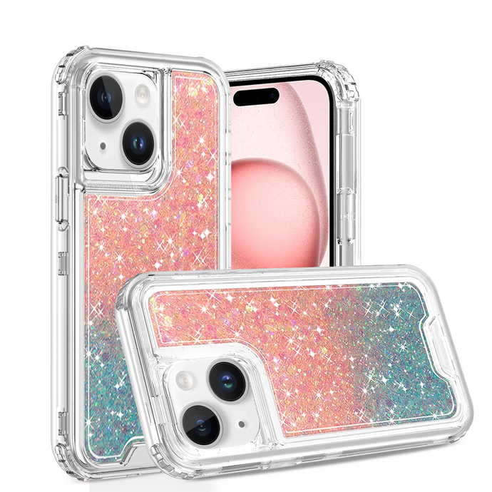 For iPhone 15 Epoxy Sticker Glitter 3in1 Shockproof Transparent Hybrid Case - Pink + Light Blue