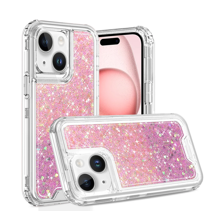 For iPhone 15 Epoxy Sticker Glitter 3in1 Shockproof Transparent Hybrid Case - Pink + Light Purple