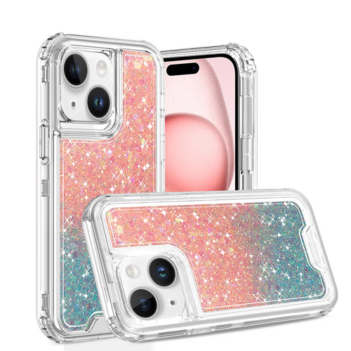 For iP15 Pro Max Epoxy Sticker Glitter 3in1 Shockproof Transparent Hybrid Case - Pink + Light Blue