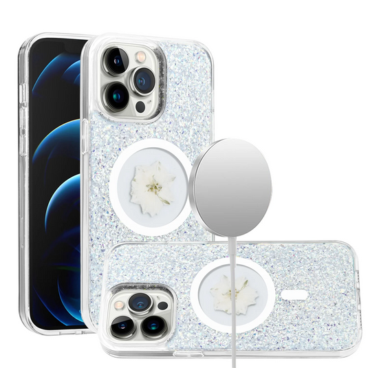 For iP15 Pro Max Magnetic Ring Circle Real Flower Epoxy Glitter Hybrid Case Cover - Silver