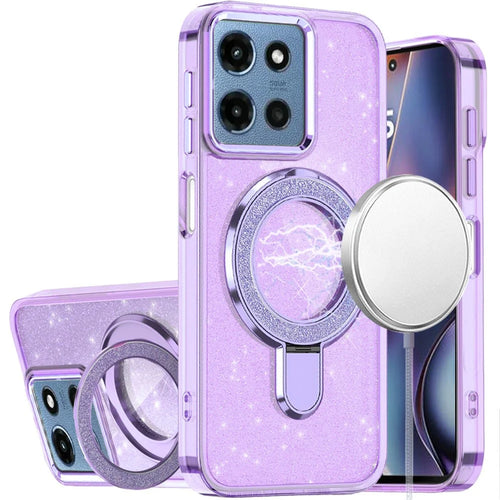 For Motorola Moto G 5G 2025 Transparent Glitter Rotaional Magnetic Ring Stand HQ Hybrid - Light Purple