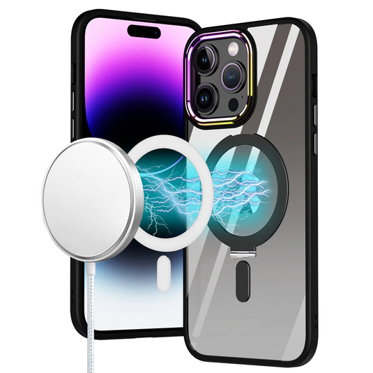 For iPhone 15 Plus Dazzle [Magnetic Circle] Kickstand Alloy Chrome Transparent Hybrid - Black