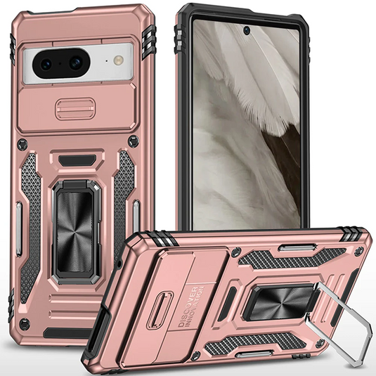 For Google Pixel 8 5G Utter Tough Metal Ring Movable Camera Window Hybrid Case Cover - Rose Gold