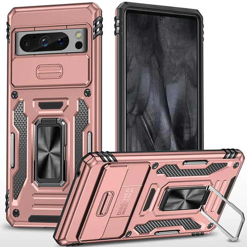 For Google Pixel 8 Pro 5G Utter Tough Metal Ring Movable Camera Window Hybrid Case Cover - Rose Gold