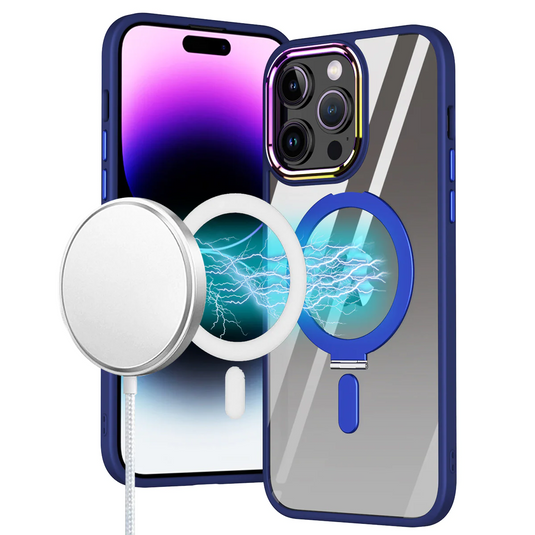 For iPhone 15 Plus Dazzle [Magnetic Circle] Kickstand Alloy Chrome Transparent Hybrid - Navy Blue