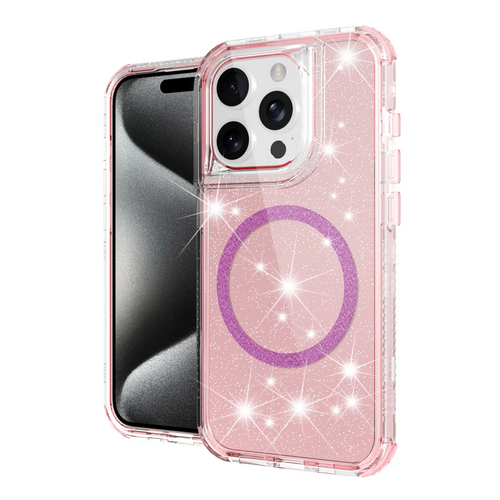 For iPhone 12 & iPhone 12 Pro Magnetic Ring Glitter 3in1 Hybrid Case Cover - Pink