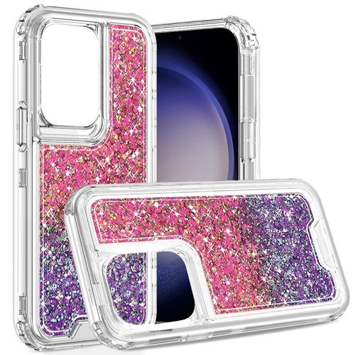 For Samsung Galaxy s24 Plus Epoxy Sticker Glitter 3in1 Shockproof Transparent Hybrid Case - Hot Pink + Purple