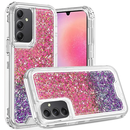 For Samsung A25 5G Epoxy Sticker Glitter 3in1 Shockproof Transparent Hybrid Case - Hot Pink + Purple