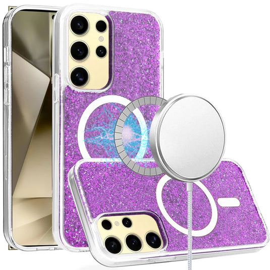 For Samsung s25 Ultra Epoxy Glitter [Magnetic Circle] ShockProof Hybrid 2.5mm Thick - Hot Pink