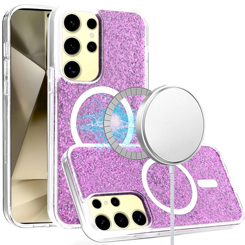 For Samsung Galaxy s24 Plus Epoxy Glitter [Magnetic Circle] ShockProof Hybrid 2.5mm Thick - Hot Pink