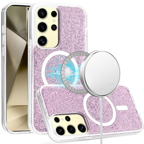 For Samsung Galaxy s24 Ultra Epoxy Glitter [Magnetic Circle] ShockProof Hybrid 2.5mm Thick - Light Purple