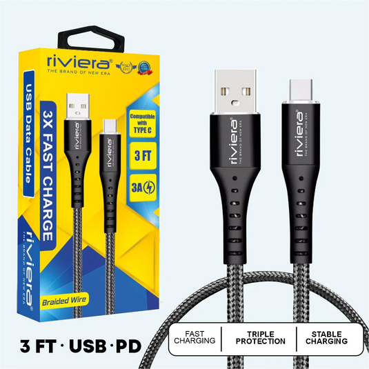 3 FEET [USB - USB-C (PD) ] Fast Charging Cable RIVIERA - BLACK Braided (12)